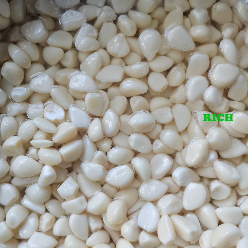 Salted peeled garlic cloves in brine in drums